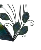 LuxenHome 29.5-Inch H Peacock Metal and Glass Outdoor Wall Decor