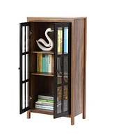 LuxenHome Natural Wood Glass 2-Door Accent Cabinet