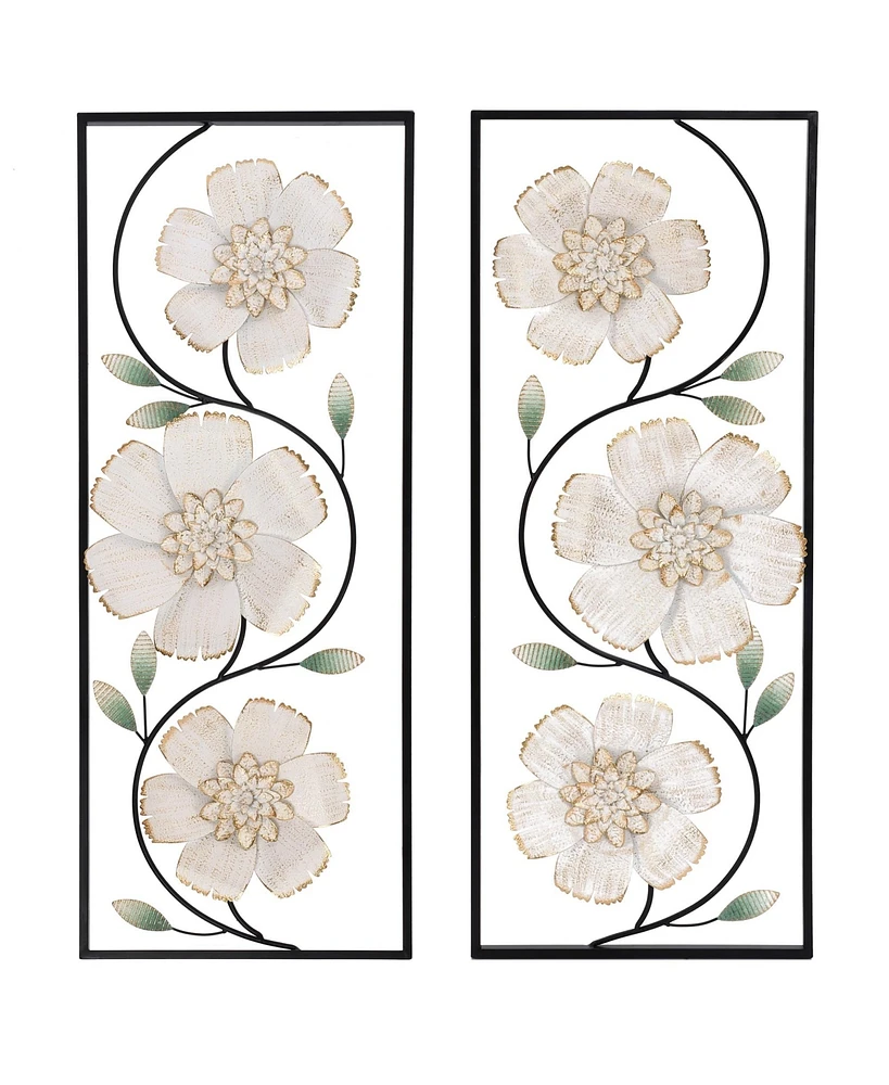 LuxenHome Off White and Gold Magnolia Flowers Black Metal Rectangular Wall Decor, Set of 2 - Multi