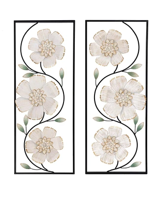 LuxenHome Off White and Gold Magnolia Flowers Black Metal Rectangular Wall Decor, Set of 2 - Multi