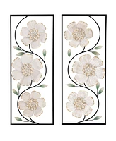 LuxenHome Off White and Gold Magnolia Flowers Black Metal Rectangular Wall Decor, Set of 2