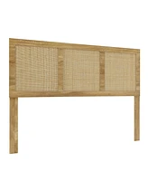 LuxenHome Oak Finish Manufactured Wood with Natural Rattan Panels Headboard, Queen