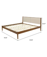 LuxenHome Modern Beige Upholstered Headboard and Wood Frame Platform Bed Set, King