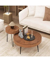 Costway Farmhouse Round CoffeeTable Set of 2 End Table Natural Finish for Living Room Coffee