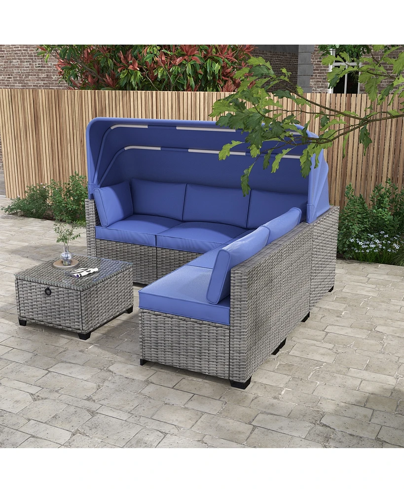 Simplie Fun 6 Pieces Patio Furniture Sets, Outdoor Rattan Daybed with Retractable Canopy, Outdoor Sectional Sofa Set with Adjustable Backrest