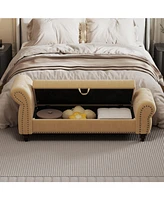 64.5" Bed Bench for Bed Room Nails Tufted Chaise of Lounge with Storage Velvet Upholstery Khaki