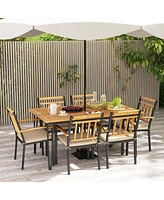 Costway 7 Pcs Patio Dining Set with Acacia Wood Dining Table Rattan Armchairs Soft Cushions