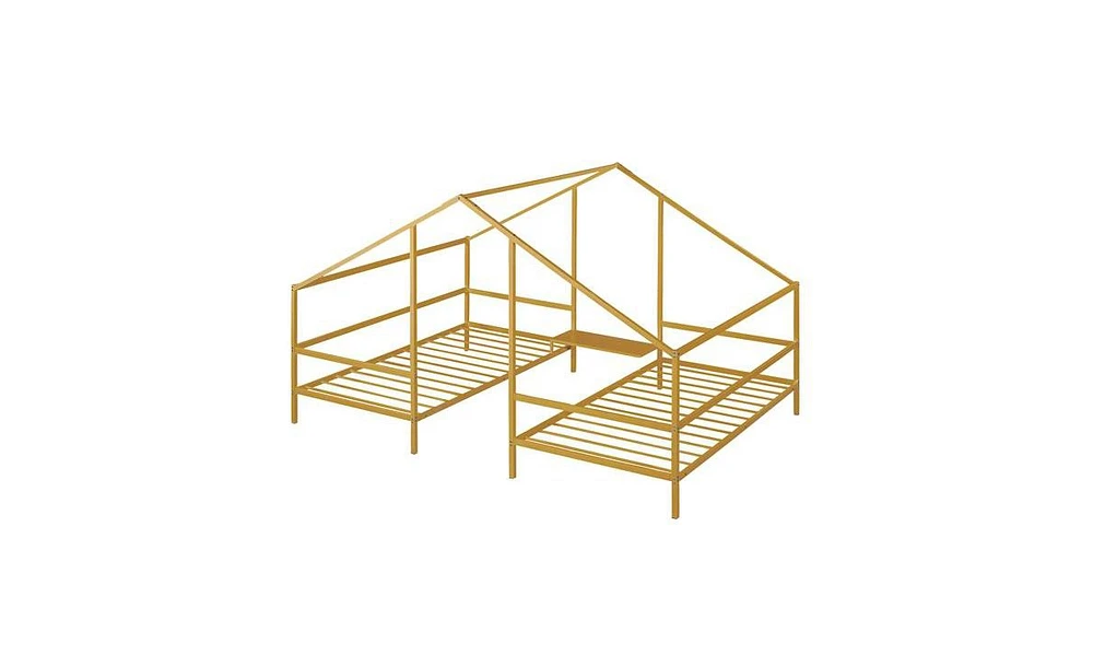 Slickblue Metal Double Twin Triangular House Beds with Built-In Table for Fun & Functional Bedrooms