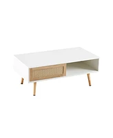 Slickblue 41.34" Rattan Coffee table, sliding door for storage, solid wood legs, Modern table for living room ,White