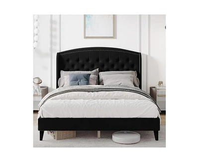 gaomon King Size Bed Frame, Upholstered Platform Bed with Wingback Headboard and Button Tufted Design, Easy Assembly, No Box Spring Needed