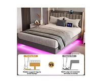 gaomon King Size Floating Bed Frame with Led Lights, Upholstered Platform Full Bed Frame with Charging Station, No Box Spring Needed,Gray