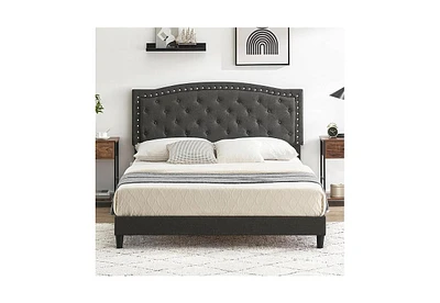 gaomon Full Size Bed Frame with Button Tufted Headboard, Mattress Foundation, Easy Assembly, No Box Spring Needed