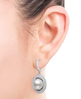 Belle de Mer Peacock Black Cultured Freshwater Pearl (10mm) & Cubic Zirconia Halo Drop Earrings in Sterling Silver (Also in White Cultured Freshwater