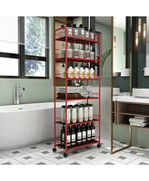 Red 6 Tier Slim Rolling Storage Cart, Mobile Shelving Unit with Wheels, Metal Wire Storage Shelving Rack with Baskets for Kitchen Bathroom Office Laun