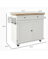 Kitchen Island with Storage, Farmhouse Rolling Kitchen Island Cart on Wheels with Drawer, 2 Cabinets, Rubberwood Top, Spice Rack, Towel Racks and 2 Ho