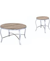 Streamdale Furniture Malai Coffee/End Table Set (3Pc Pk) in Weathered Light Oak & Chrome