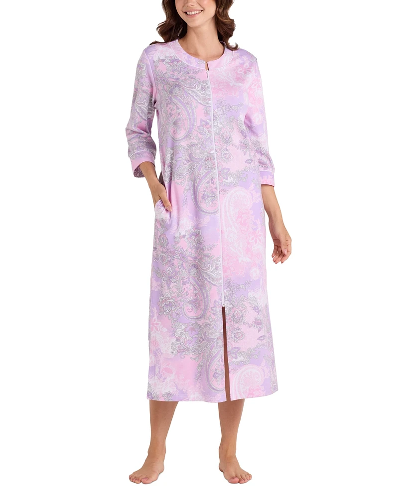 Miss Elaine Plus Printed 3/4-Sleeve Long Robe