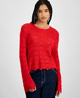 Hooked Up by Iot Juniors' Open-Heart-Stitch Long-Sleeve Pullover Sweater