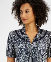 Nautica Jeans Women's Printed Tie-Neck Puff-Sleeve Top