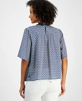 Nautica Jeans Women's Cotton Printed Crochet-Trim Top