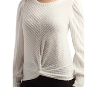 Bcx Juniors' Ribbed Twist-Front Puff-Sleeve Crewneck Sweater