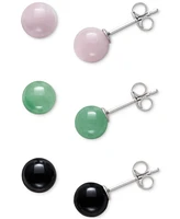 3-Pc. Set Rose Quartz, Dyed Green Jade, & Onyx Stud Earrings in Sterling Silver