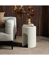 LuxenHome Outdoor Side Table,17'' Mod Ivory White Cement Round with U-Shape Patio Accent End Table
