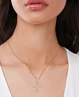 Lab Grown White Sapphire Angel & Heart 18" Pendant Necklace (1/6 ct. t.w.) in 14k Gold-Plated Sterling Silver