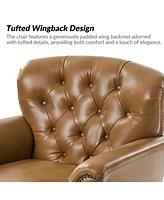 Hulala Home Eugene Traditional Genuine Leather Chair with Tufted Wing Back and Solid Wood