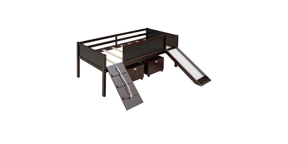 Slickblue Twin Wooden Loft Bed with Two Storage Boxes for Space-Saving Kids' Room