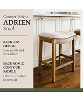 Maven Lane Adrien Saddle Counter Stool in Natural Wood Finish w/ Wheat Cream Fabric Upholstery