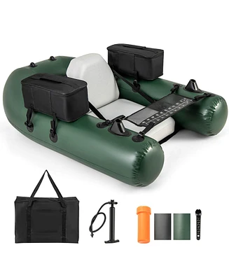 Costway Inflatable Fishing Float Tube with Fish Ruler Angling Base 2 Storage Pockets Pump