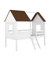 Slickblue Twin Low Loft Wood House Bed with Two Side Windows (White+Brown)