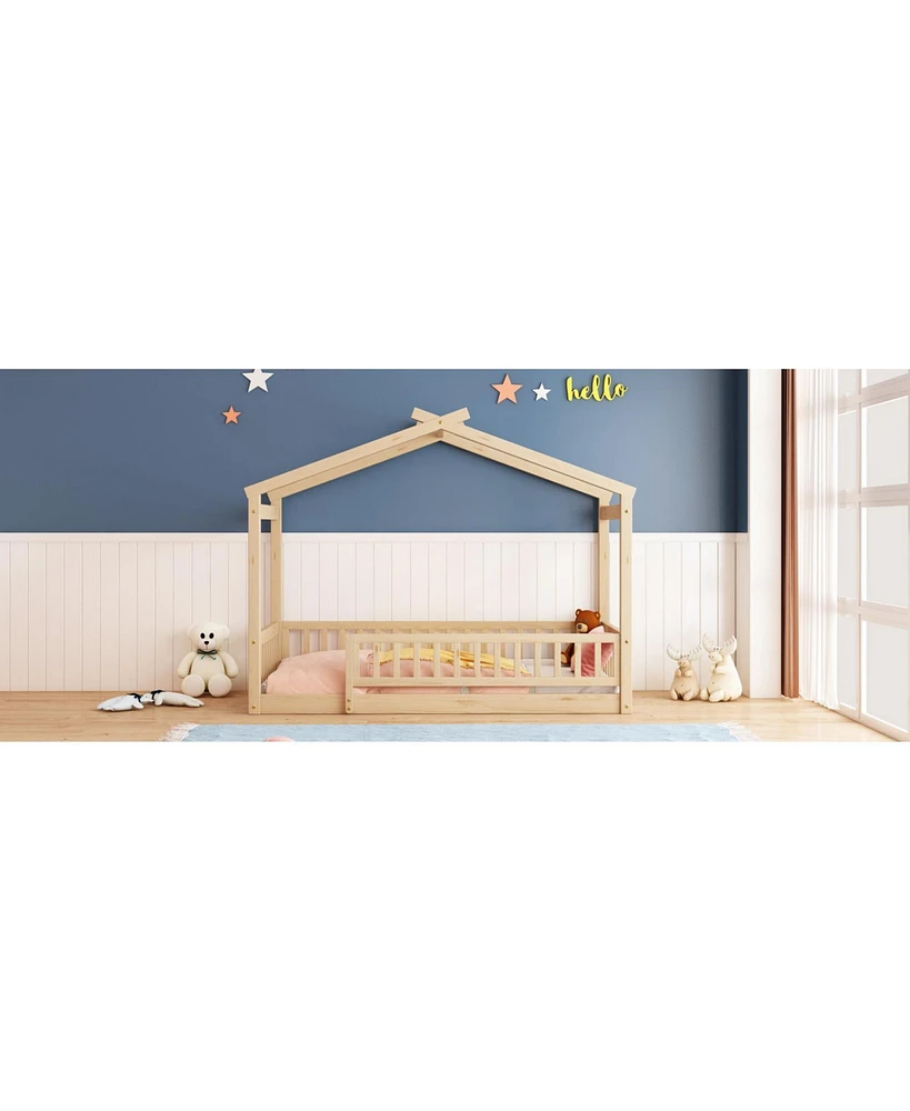 Slickblue Twin Size Wood Bed House Bed Frame with Fence, for Kids, Teens, Girls, Boys,Natural