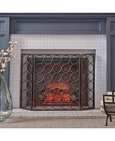 Modern 3-Panel Iron Fireplace Screen With Circular Pattern And Foldable Design