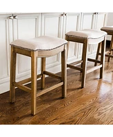 Maven Lane Adrien Saddle Barstool in Natural Wood Finish w/ Wheat Cream Fabric Upholstery