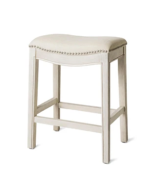 Maven Lane Adrien Saddle Counter Stool in White Oak Finish w/ Natural Fabric Upholstery