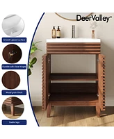 DeerValley 24" Bathroom Vanity with Ceramic Sink Top, Pre-assembled Mid-Century Wood Bathroom Cabinet Walnut