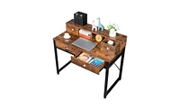 Slickblue Old Wood Table Top with Black Steel Frame and Particle Board, Featuring Two Small and Two Large Drawers Versatile Computer and Study Desk