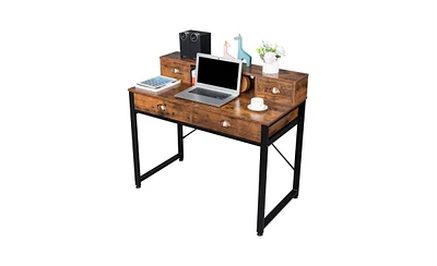 Slickblue Old Wood Table Top with Black Steel Frame and Particle Board, Featuring Two Small and Two Large Drawers Versatile Computer and Study Desk