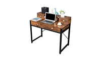 Slickblue Old Wood Table Top with Black Steel Frame and Particle Board, Featuring Two Small and Two Large Drawers Versatile Computer and Study Desk