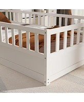 Slickblue Twin Size Montessori Wooden Floor Bed in White – Integral Construction with High-Security Barrier and Door