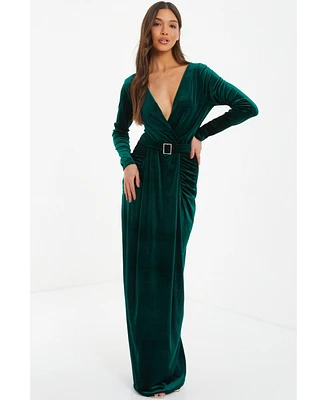 Quiz Women's Velvet Buckle Detail Long Sleeve Maxi Dress