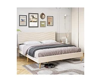 gaomon King Size Bed Frame with Adjustable Headboard, Velvet Upholstered Platform Bed, Solid Wood Slats Support, No Box Spring Needed