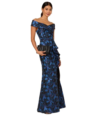 Adrianna Papell Women's Jacquard Off-The-Shoulder Gown