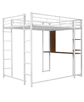 Slickblue Full Size Metal Loft Bed with 2 Shelves and one Desk ,White