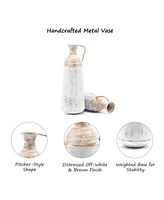 LuxenHome Set of 2 Distressed Off White and Rustic Brown Metal Pitcher Vase