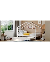 Slickblue Twin Size Wooden House Bed with Twin Size Trundle, White