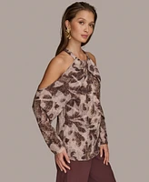 Donna Karan New York Women's Long Sleeve Printed Cold-Shoulder Top