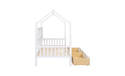 Slickblue Wooden Twin Size House Bed with 2 Drawers,Kids Bed with Storage Shelf, White